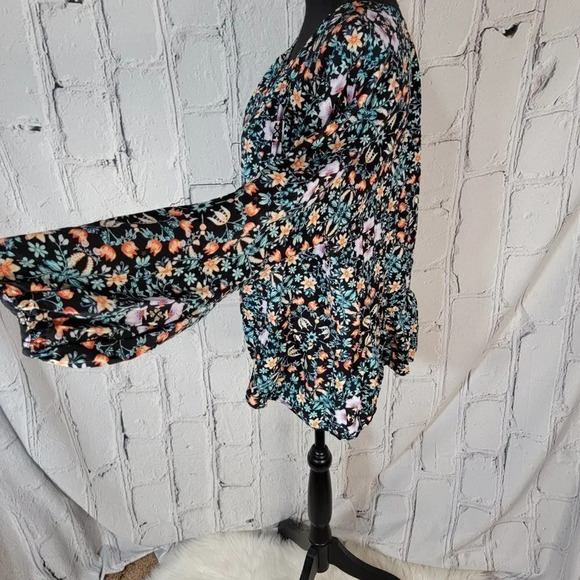 A.n.a Flowy Black Blue Floral Boho Peasant Long Sleeve Blouse‎ Top Shirt Sz L - Picture 4 of 7
